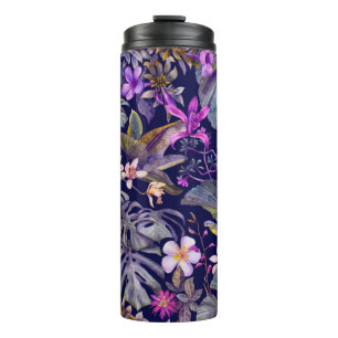Garrafa Térmica folhas e flores tropicais desenhadas à mão por