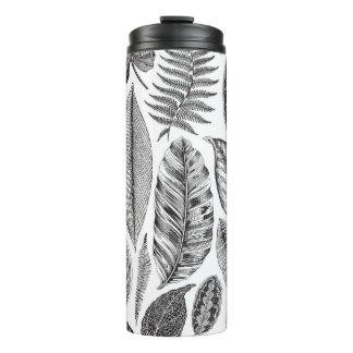 Garrafa Térmica Folhas exóticas, preto e branco floral vintage.