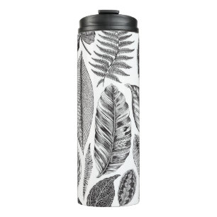 Garrafa Térmica Folhas exóticas, preto e branco floral vintage.