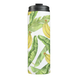 Garrafa Térmica Folhas tropicais, bananas, padrão de aquarela.