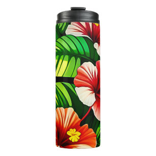 Garrafa Térmica Folhas Tropicais Coloridas e Flores de Hibisco
