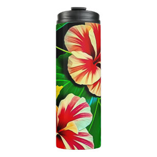 Garrafa Térmica Folhas Tropicais Coloridas e Flores de Hibisco