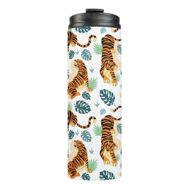 Garrafa Térmica Folhas Tropicais de Tigres: Ilustração Vintage. (Frente)