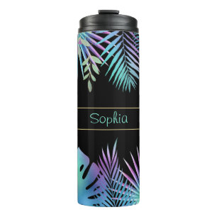 Garrafa Térmica Folhas Tropicais Iridescentes, Nome em Azul-petról
