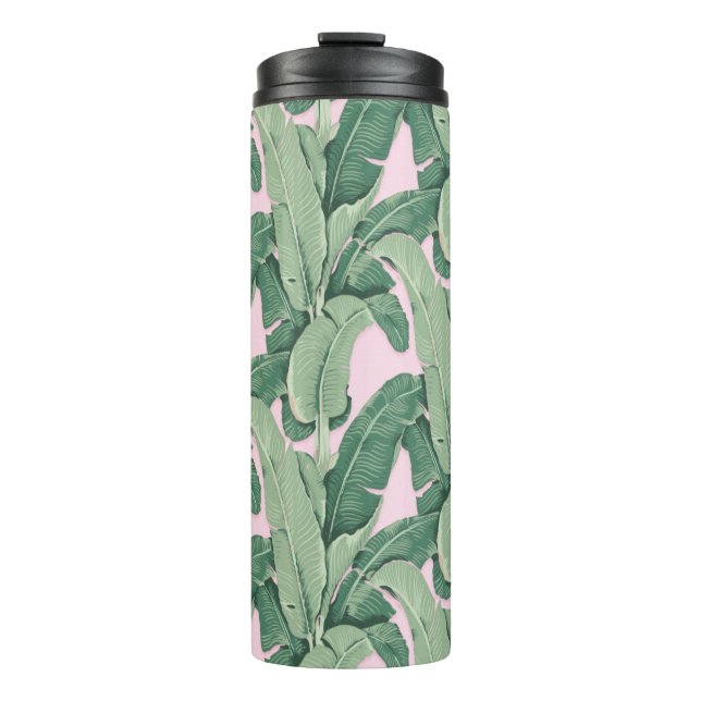Garrafa Térmica Folhas Tropicais Verdes e Rosa | Cabana (Frente)