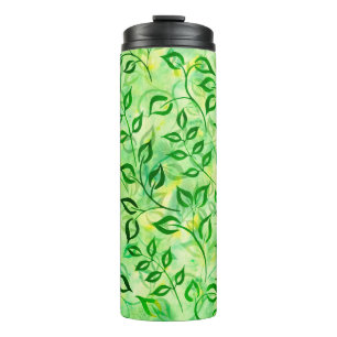 Garrafa Térmica Folhas verde-aquarela num fundo amarelo-esverdeado