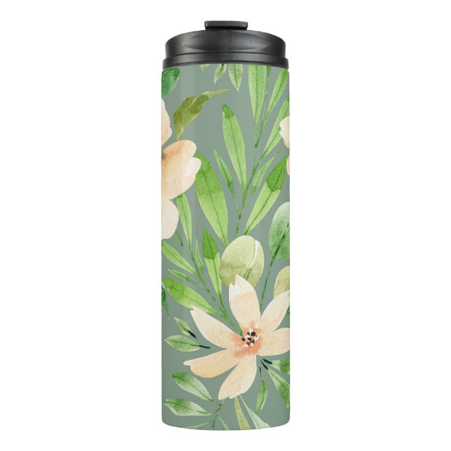 Garrafa Térmica Folhas Verdes, Flores Rosa: Aquarela. (Frente)