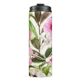 Garrafa Térmica Folhas verdes tropicais brilhantes, flores.