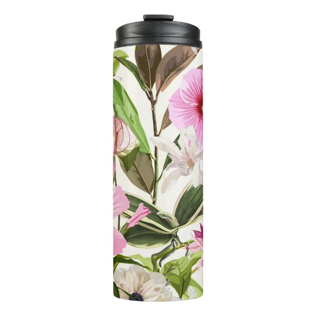 Garrafa Térmica Folhas verdes tropicais brilhantes, flores. (Frente)