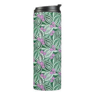 Garrafa Térmica Folhas verdes tropicais com flor roxa