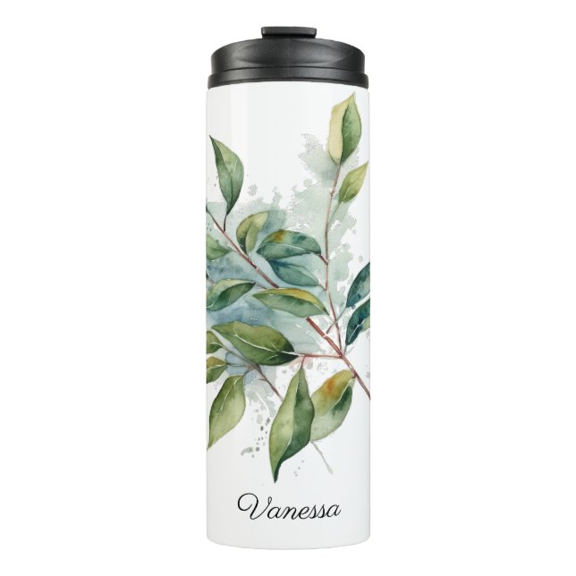 Garrafa Térmica Foliage Verde Elegante Aquarela, personalizada (Frente)