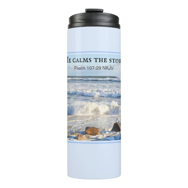 Garrafa Térmica Foto de Stormy Sea Ele Calma a Bíblia das Tempesta (Frente)