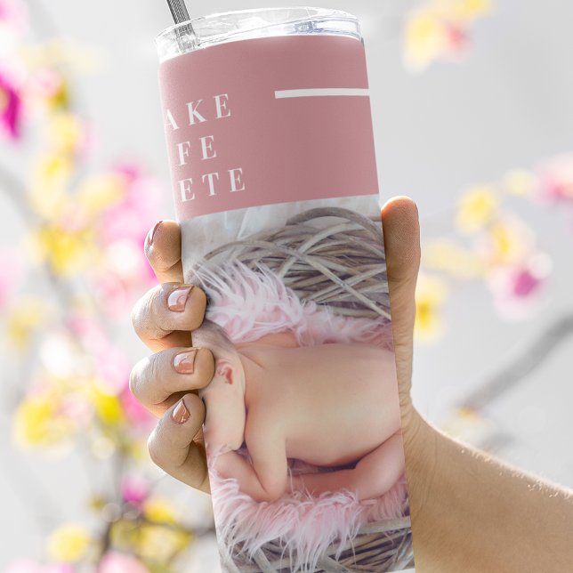 Garrafa Térmica Foto do bebê moderno e bonito | Rosa e Branco | Co (Criador carregado)