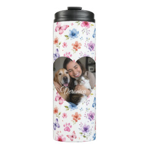Garrafa Térmica Foto Personalizada & Nome Padrão Floral Amante de