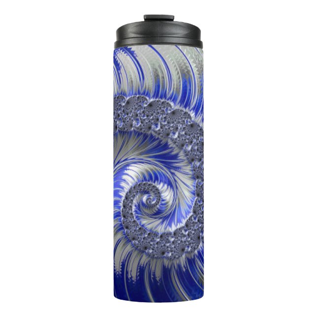 Garrafa Térmica Fractal Espiral Branco da Cinza Azul Moderna (Frente)