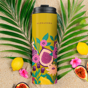 Garrafa Térmica Frutas tropicais e flores silvestres verdes botân