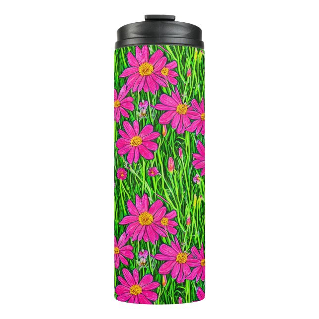 Garrafa Térmica Fuchsia Rosa Flores Selvagens em Campo (Frente)