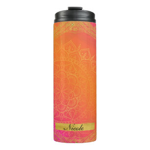 Garrafa Térmica Fuchsia Rosa Laranja & Dourado Glam Mandala Indian
