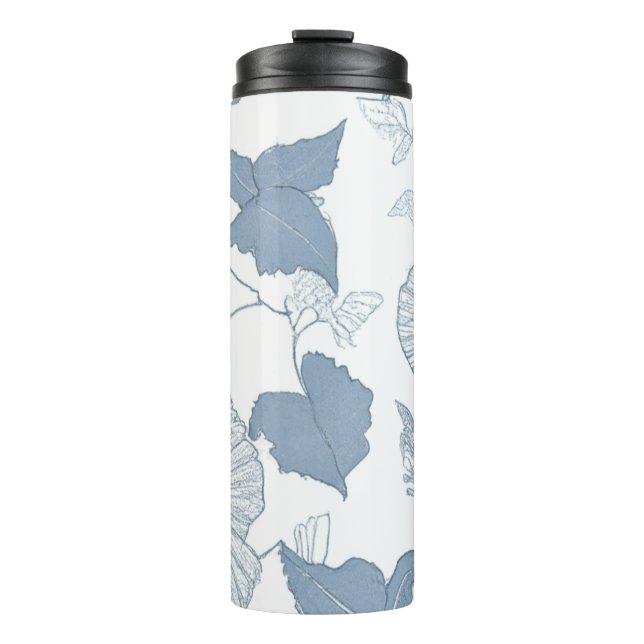 Garrafa Térmica Fundo Branco Delicar Flores Azuis Japonesas (Frente)