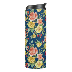 Garrafa Térmica Fundo Floral de Rosas em Aquarela Vintage  