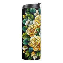 Garrafa Térmica Fundo Preto Com Rosas Amarelas