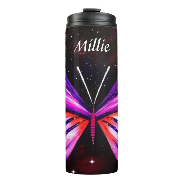 Garrafa Térmica Fundo preto da borboleta Celestial (Frente)