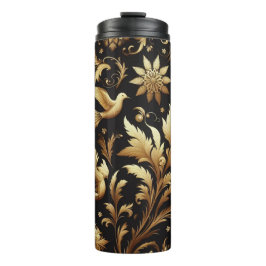 Garrafa Térmica Fundo Preto E Folhagem Do Ouro