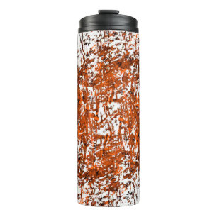 Garrafa Térmica Fundo verde castanho escuro. Cor de laranja branco