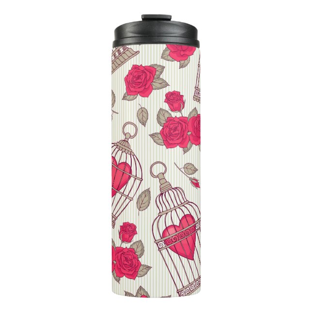 Garrafa Térmica Gaiolas de Pássaros Florais Padrão de Rosas (Frente)