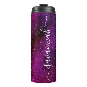 Garrafa Térmica Galáxias de Aquarelas Nome Personalizado rosa púrp