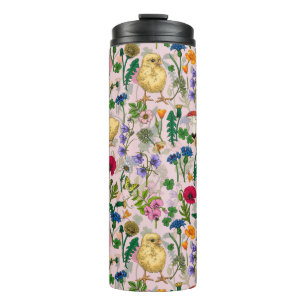 Garrafa Térmica Galinhas e flores silvestres, de algodão, cor-de-r