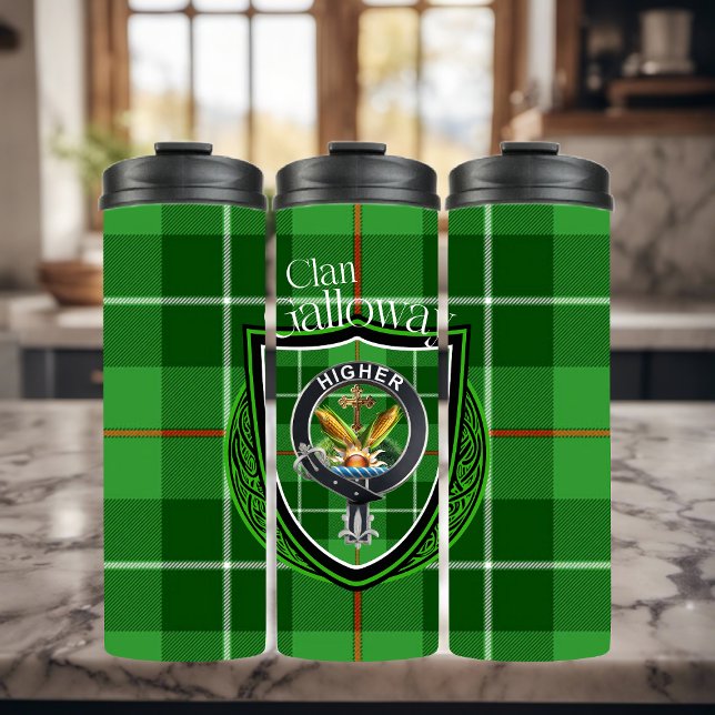 Garrafa Térmica Galloway Scottish Clan Tartan & Crest (Criador carregado)