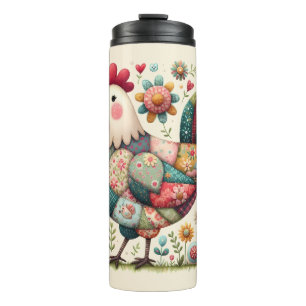 Garrafa Térmica Galo de Patchwork Folclórico com Acentos Florais