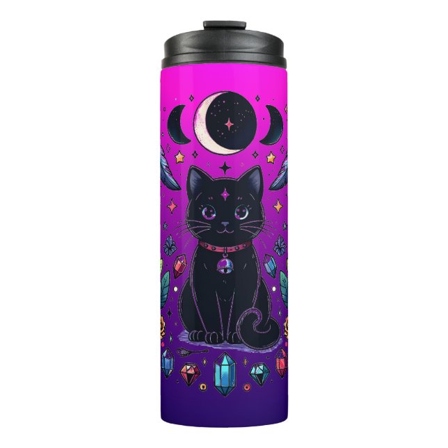 Garrafa Térmica Gata Preta Celestial Mística Roxa Rosa (Frente)
