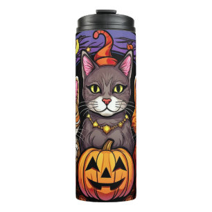 Garrafa Térmica Gatinho bonito e Jack-O'-Lanterna