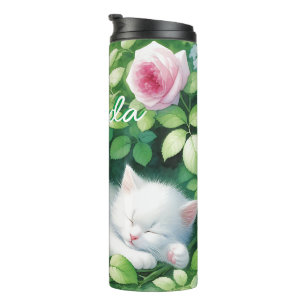 Garrafa Térmica Gatinho branco doce, apito sob um Rosa Bush