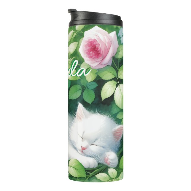 Garrafa Térmica Gatinho branco doce, apito sob um Rosa Bush (Rotação à direita)