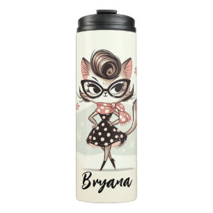 Garrafa Térmica Gatinho Feminino Vintage Retro Com Óculos De Gato