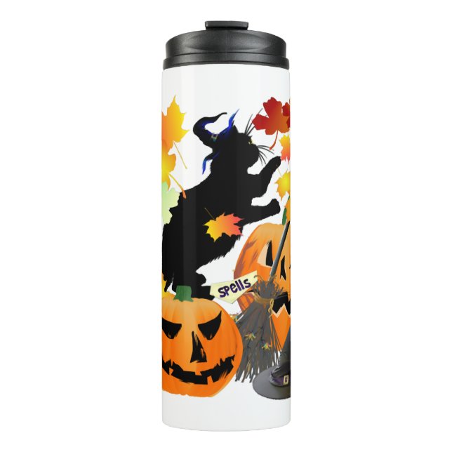 Garrafa Térmica Gatinho Negro Halloween Batendo Folhas Bonito (Frente)