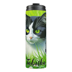 Garrafa Térmica Gato Adorável Personalizado em um campo de Daisies