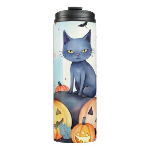 Garrafa Térmica Gato Azul Oriental Halloween Com Pumpkins Assustad