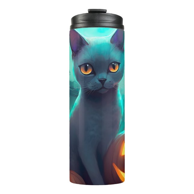 Garrafa Térmica Gato Azul Russo de Halloween com Abóboras Assustad (Frente)