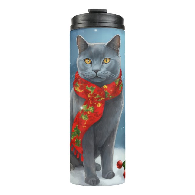 Garrafa Térmica Gato Azul Russo no Natal com Neve (Frente)