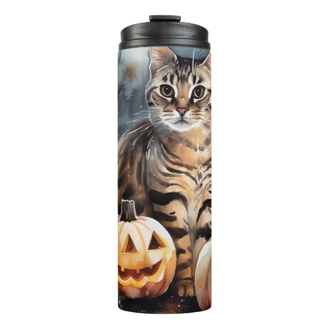 Garrafa Térmica Gato Bengal Halloween Com Abóboras Assustador (Frente)
