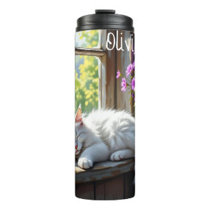 Garrafa Térmica Gato Branco Dormindo e Flores Roxas Personalizado