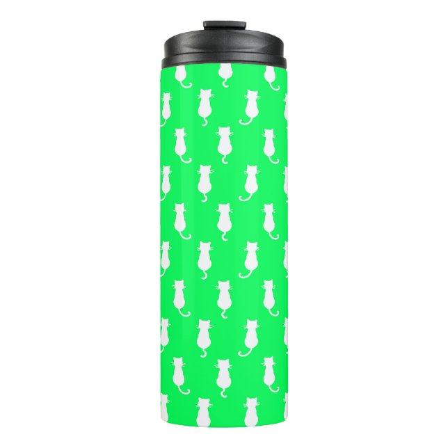 Garrafa Térmica Gato Branco Isolado no Padrão de Bolinhas Verde Aq (Frente)