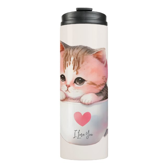 Garrafa Térmica Gato branco-rosado em uma taça de chá (2) (Frente)