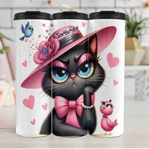 Garrafa Térmica Gato Cinza com Chapéu Rosa
