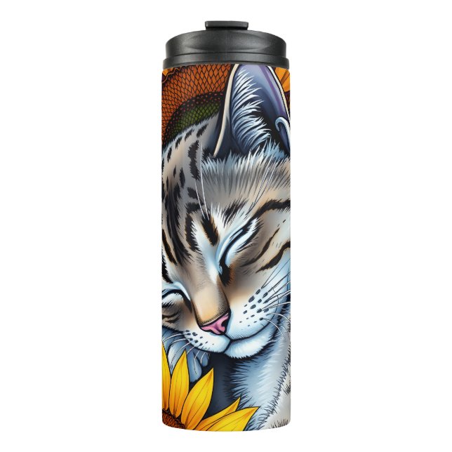 Garrafa Térmica Gato Cinza Doce Adormecido e Girassol (Frente)