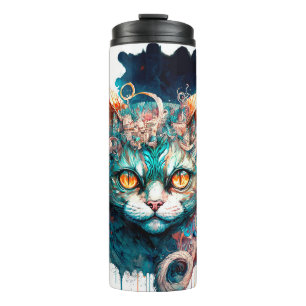 Garrafa Térmica Gato de aquarela no estilo steampunk